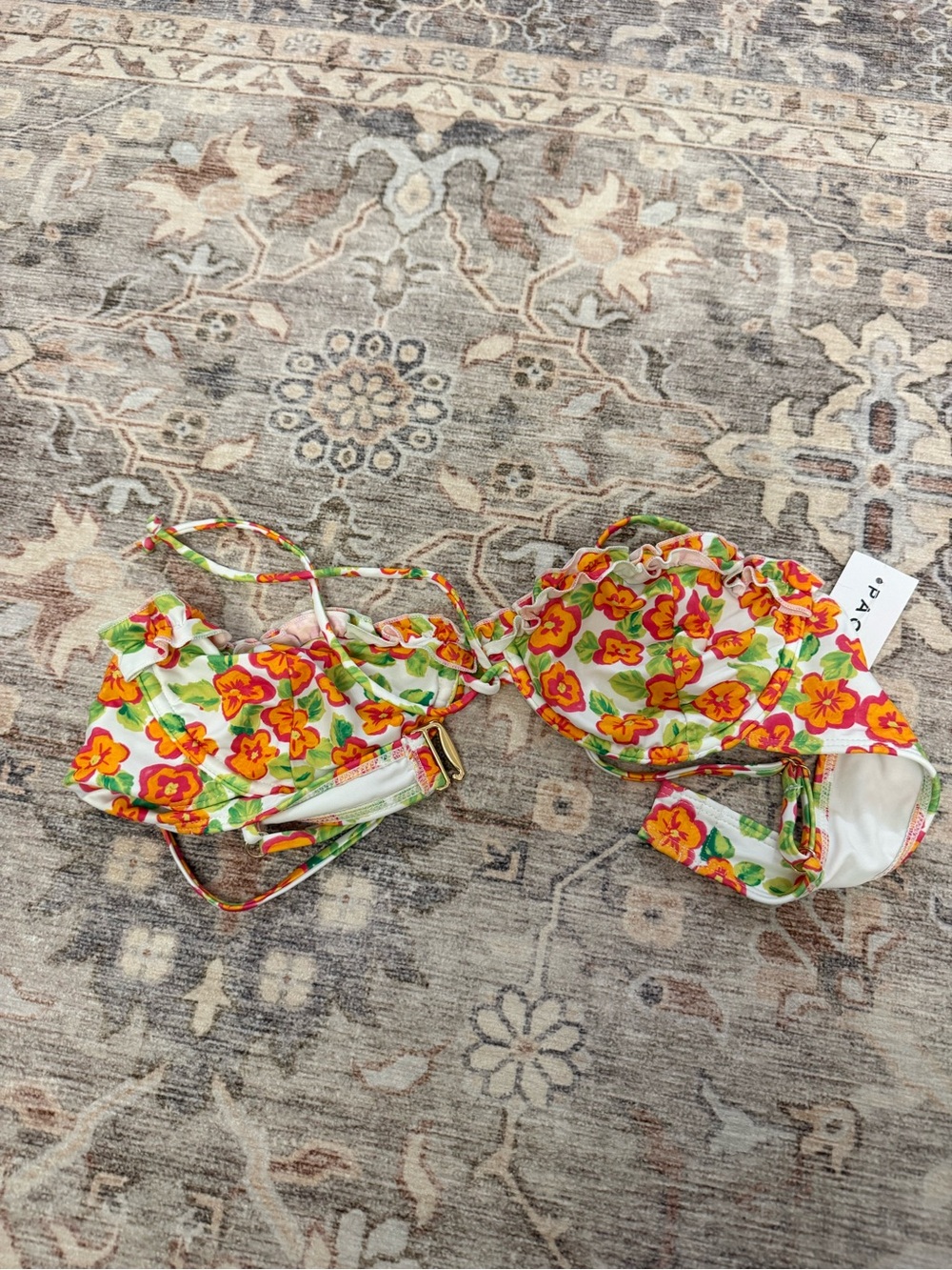 Delilah Wear Floral Bandeau Bikini Top in White with Orange & Pink Flowers